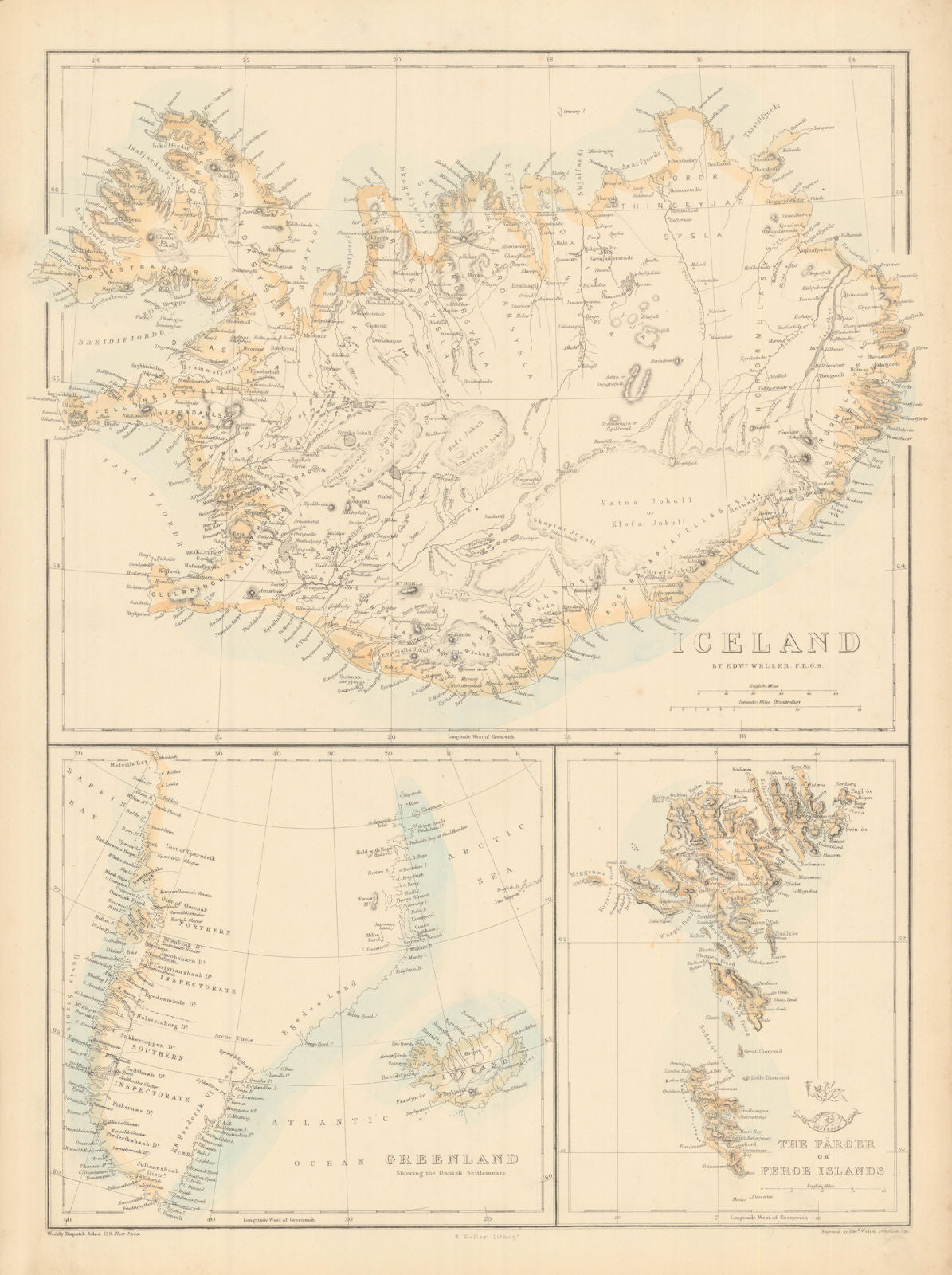 ICELAND GREENLAND FAROE ISLANDS. Färöer. Danish settlements. WELLER 1863 map